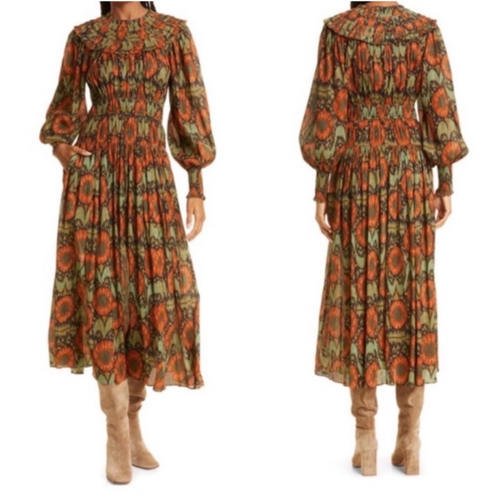 ULLA JOHNSON Nadira Dress Metallic Floral Long Sleeve Midi Nocturne 2